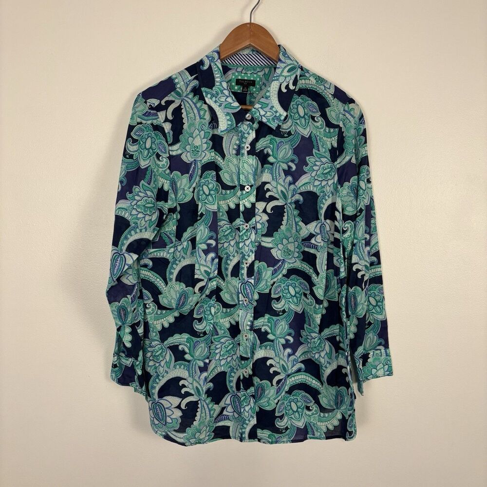 Talbots 1X Cotton Button Front Shirt Charming Floral Paisley Blue - Picture 2 of 7